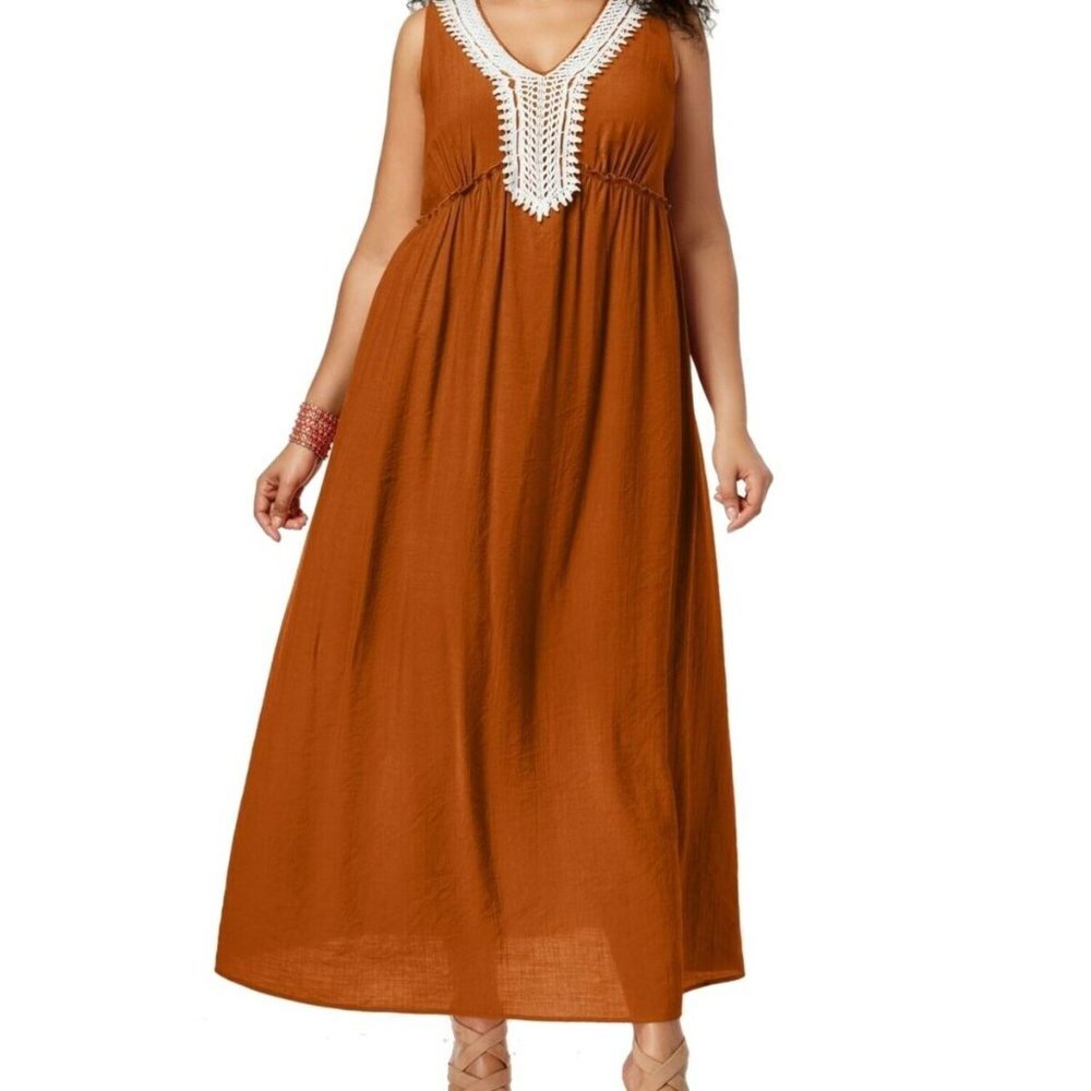 NY Collection women plus size 2X orange fit flare maxi dress sleeveless lace